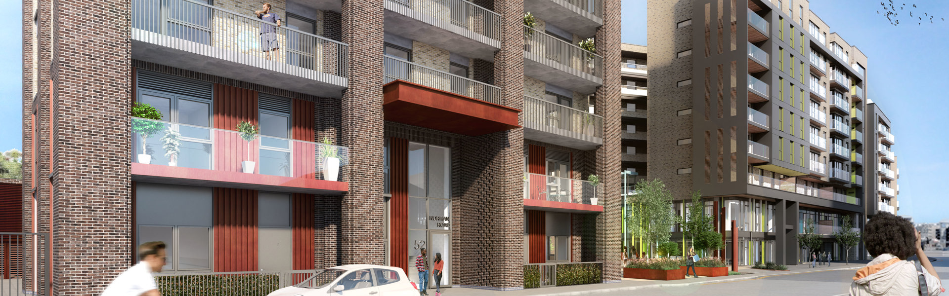 Saxon Wharf CGI View From Norman Road Looking Onto Communal Residential Entrance